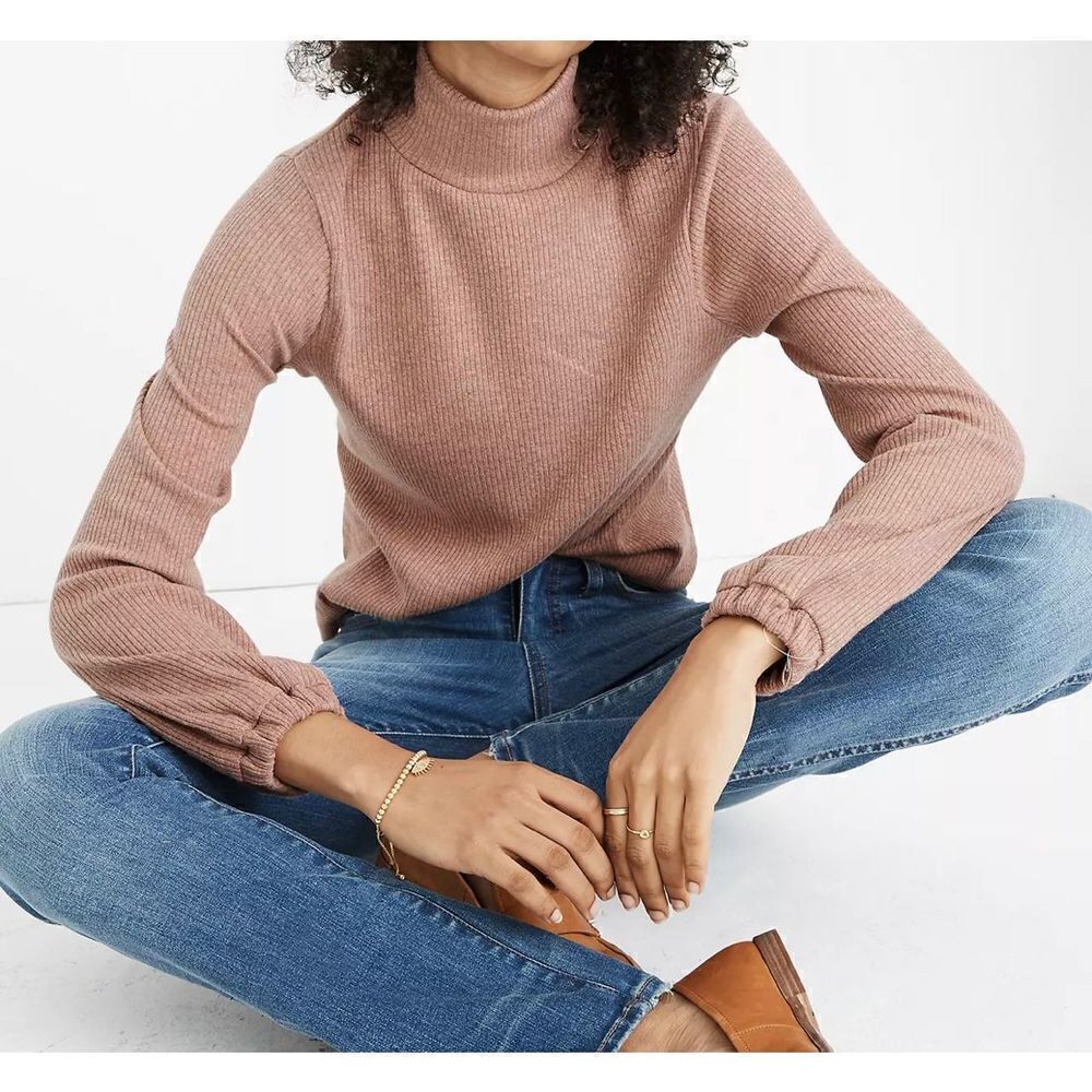 Madewell Womens Turtleneck Top Ribbed  Knit Heathered Rose Size S